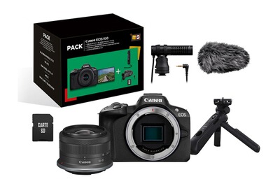 Canon Pack EOS R50 + RF-S 18-45mm f/4.5-6.3 IS STM + Micro + Trépied + Télécommande + carte SD + Chargeur